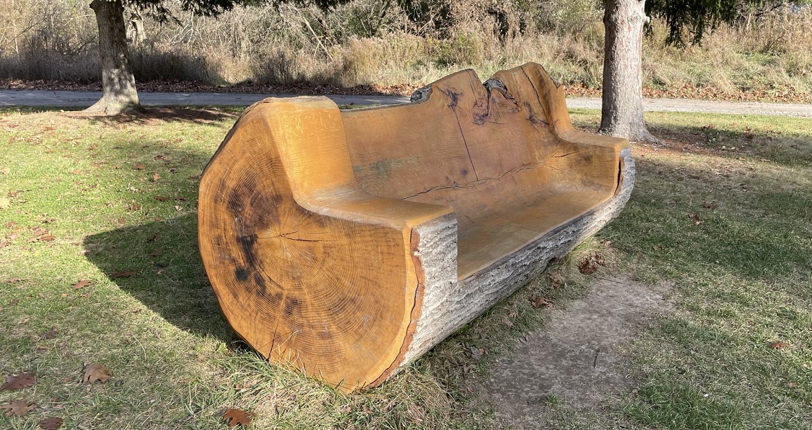 carved log bench at Kortright Centre for Conservation