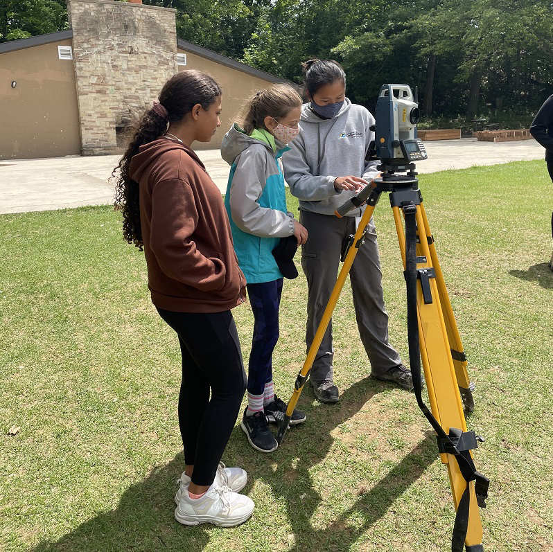 participants in the Girls Can Too program learn to use surveying tools