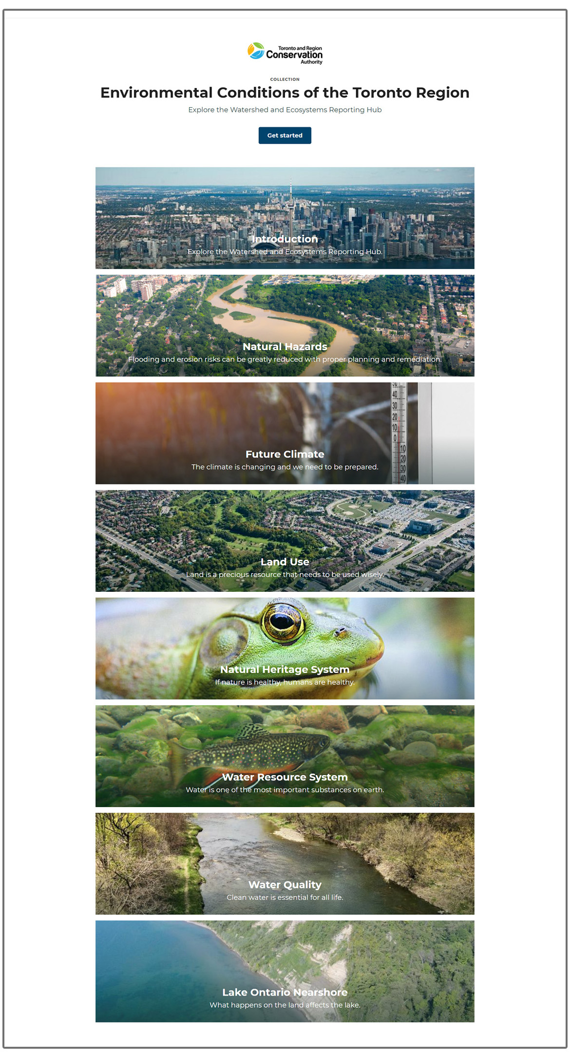 homepage of TRCA Watersheds and Ecosystem Reporting Hub