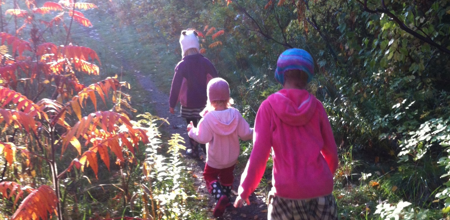 youngsters explore nature trail in autumn