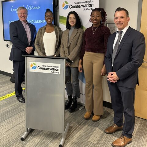 2023 B Harper Bull scholarship award winners pose for a photograph with TRCA Board of Directors chair Paul Ainslie and CEO John MacKenzie