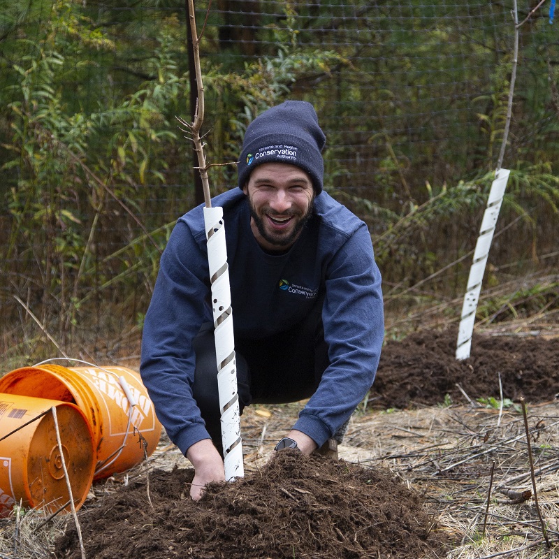 a post-secondary student take part in a TRCA volunteer community planting event